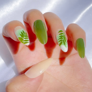 OPOOLA Almond Press on Nails Medium,Green leaf,OPOOLA Rainbow Jelly Soft Gel Fake Nails for Women Fit Natural,  Stick on Nails Reusable, 24pcs False Nails with Design Glue Art Kit